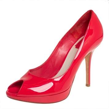Pre Owned Christian Dior Red Patent Leather Miss Dior Peep Toe Platform Pumps Size 40