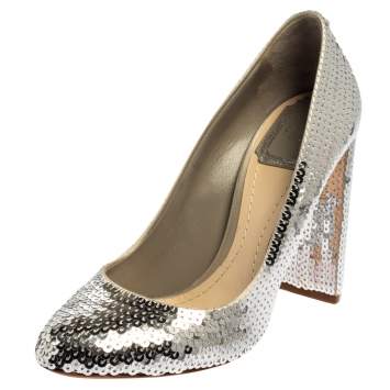 Pre Owned Dior Silver Sequin Block Heel Pumps Size 38