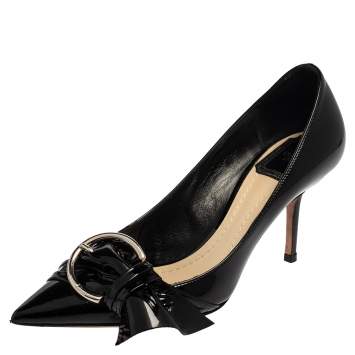Pre Owned Dior Black Patent Leather Buckle Bow Pumps Size 37.5