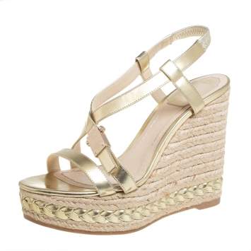 Pre Owned Dior Metallic Gold Leather Criss Cross Wedge Platform Espadrille Sandals Size 38.5
