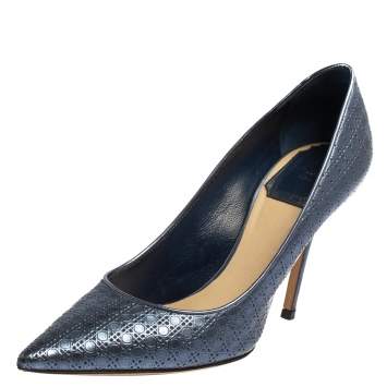 Pre Owned Dior Metallic Blue Cannage Leather Cherie Pointed Toe Pumps Size 36