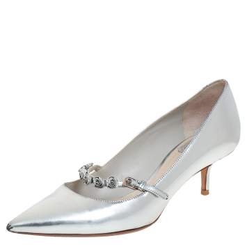 Pre Owned Dior Silver Patent Leather Embellished Pumps Size 37