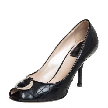 Pre Owned Dior Black Cannage Patent Leather Metal Logo Peep Toe Pumps Size 36