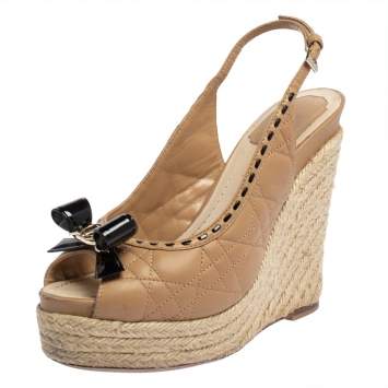 Pre Owned Dior Beige Leather And Patent Bow Espadrilles Slingback Wedges Sandals Size 38
