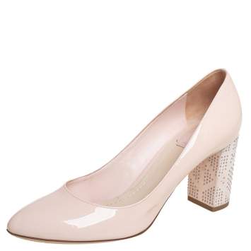 Pre Owned Dior Beige Patent Leather Embellished Block Heel Pumps Size 38.5