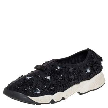 Pre Owned Dior Black Mesh Fusion Crystal Embellished Slip On Sneakers Size 37