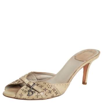 Pre Owned Dior Grey Leather Open Toe Buckle Slide Sandals Size 38