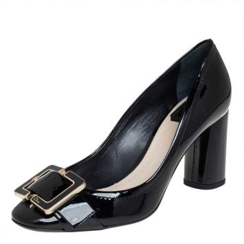 Pre Owned Dior Black Leather Buckle Detail Block Heel Pumps Size 38.5