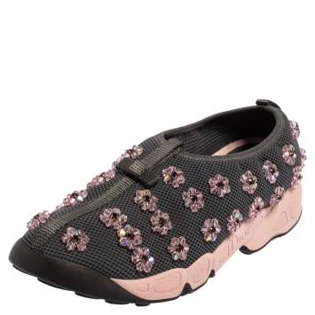 Pre Owned Dior Grey Fabric And Mesh Embellishment Fusion Sneakers Size 39