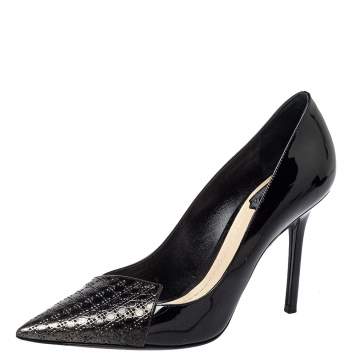 Pre Owned Dior Black Patent Leather Microcannage Toe Pumps Size 37
