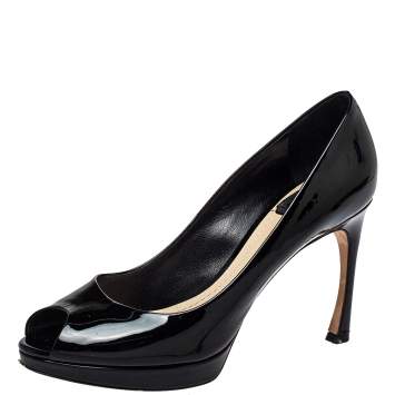 Pre Owned Dior Black Patent Leather Peep Toe  Pumps Size 38