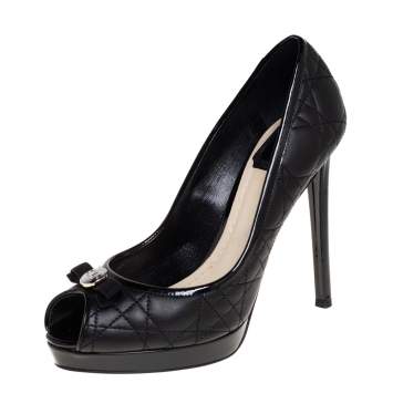Pre Owned Dior Black Cannage Quilted And Patent Leather Bow Pumps Size 37