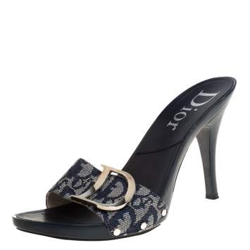 Pre Owned Dior Blue Canvas Logo Detail Slide Sandals Size 40