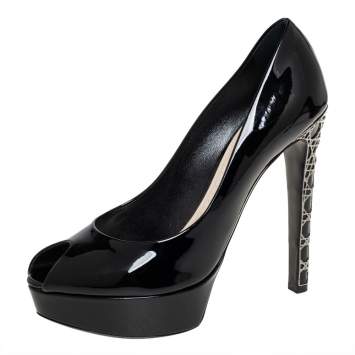 Pre Owned Dior Black Patent Leather Cannage Heel Peep Toe Platform Pumps Size 39.5