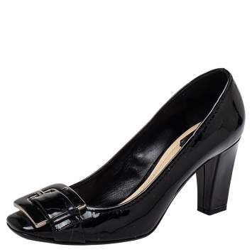 Pre Owned Dior Black Patent Leather Buckle Detail Block Heel Pumps Size 39.5