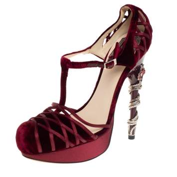 Pre Owned Dior Burgundy Velvet and Satin Platform Floral Embellished Heel Pumps Size 37