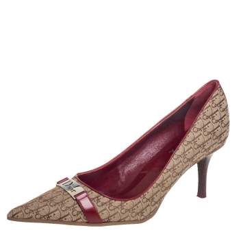 Pre Owned Dior Beige Canvas And Leather Logo Trim Pointed Toe Pumps Size  39