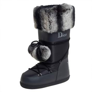 Pre Owned Dior Grey/Black Fur And Fabric Moon Boots Size 40