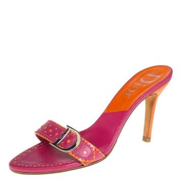 Pre Owned Dior Pink/Orange Leather Studded Logo Detail Slide Sandals Size 39