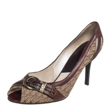 Pre Owned Dior Beige/Brown Canvas And Leather Peep Toe Pumps Size 42