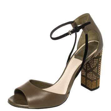 Pre Owned Dior Olive Green Leather Rainbow Stellar Block Heel Ankle Strap Sandals Size 36