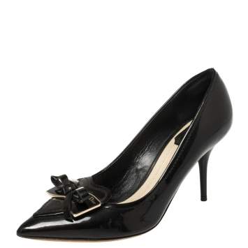 Pre Owned Dior Black Patent Heart Bow Embellished Pointed Toe Pumps Size 36