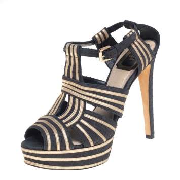 Pre Owned Dior Gold/Black Python and Leather Platform Ankle Strap Sandals Size 39.5