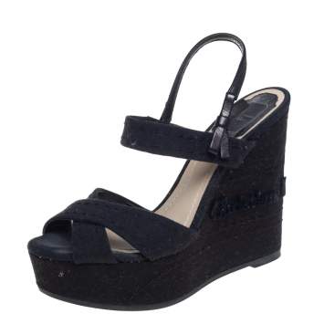 Pre Owned Dior Black Leather And Canvas Criss Cross Platform Wedge Slingback Sandals Size 37
