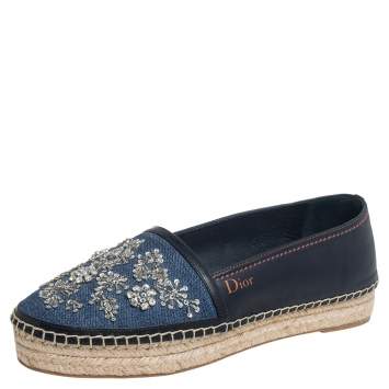 Pre Owned Dior Blue/Black Denim And Leather Embellished Flat Espadrilles Size 39