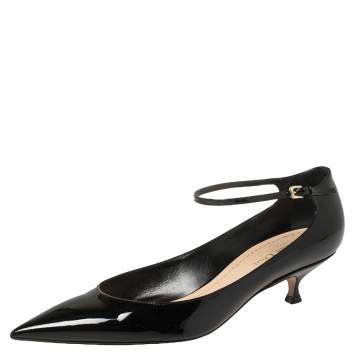 Pre Owned Dior Black Patent Leather Pointed Toe Ankle Strap Kitten Heel Pumps Size 39.5