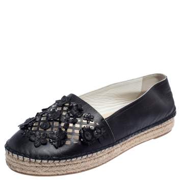 Pre Owned Dior Black Laser Cut Floral Embellished Leather Flore Espadrilles Size 39.5