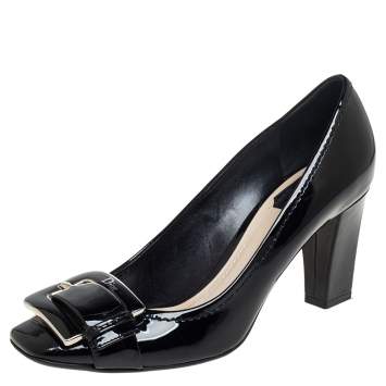 Pre Owned Dior Black Patent Leather Buckle Detail Block Heel Pumps Size 38