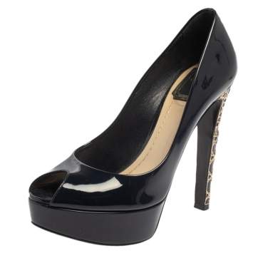 Pre Owned Dior Navy Blue Patent Leather Cannage Heel Peep Toe Platform Pumps Size 37.5