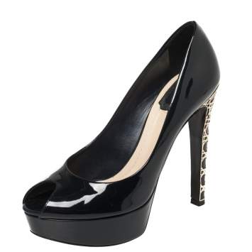 Pre Owned Dior Black Patent Leather Peep Toe Cannage Heel Platform Pumps Size 38