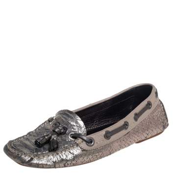 Pre Owned Dior Silver Python And Leather Slip on Loafers Size 37