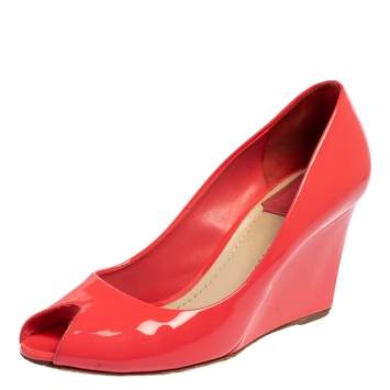 Pre Owned Christian Dior Pink Patent Leather Peep Toe Wedge Pumps Size 37