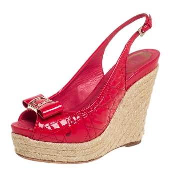 Pre Owned Dior Red Patent Cannage Leather Espadrille Wedge Peep Toe Slingback Sandals Size 37.5