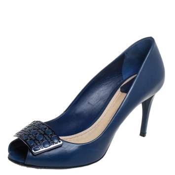 Pre Owned Dior Blue Leather Metal Cannage Plaque Detail Peep Toe Pumps Size 37.5