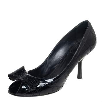 Pre Owned Dior Black Patent Leather Bow Peep Toe Pumps Size 40