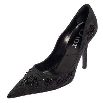 Pre Owned Dior Black Diorissimo Canvas Embellished Pointed Toe Pumps Size 39.5