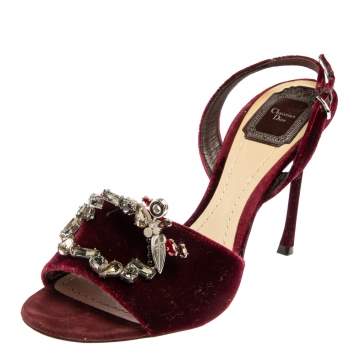 Pre Owned Dior Burgundy Velvet Crystal Embellished Open Toe Slingback Sandals Size 38.5