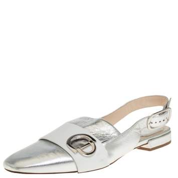 Pre Owned Dior Silver/White Leather Logo Embellished Slingback Flats Size 40