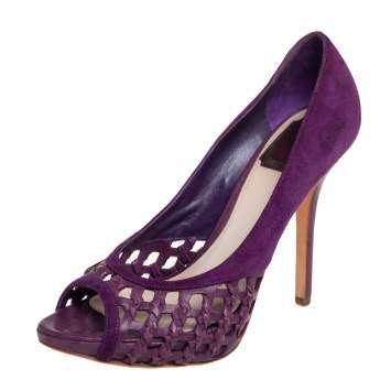 Pre Owned Dior Purple Woven Leather And Suede Peep Toe Platform Pumps Size 39