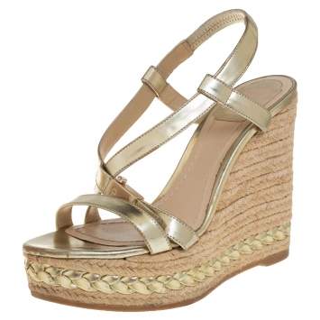 Pre Owned Dior Metallic Gold Patent Leather Cross Strap Espadrille Wedge Sandals Size 38
