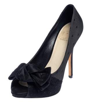Pre Owned Dior Black Mesh and Satin Bow Platform Peep Toe Pumps Size 38
