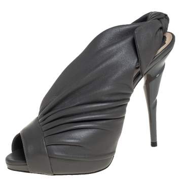 Pre Owned Dior Grey Pleated Leather Peep Toe D'orsay Bow Slingback Sandals Size 36.5