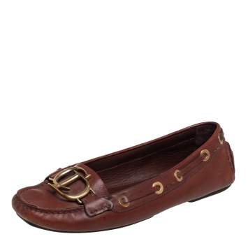 Pre Owned Dior Brown Leather CD Buckle Embellished Slip On Loafers Size 37