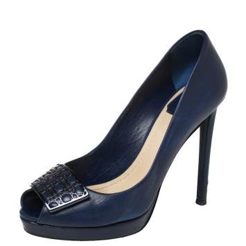 Pre Owned Dior Blue Leather Peep Toe Pumps Size 37