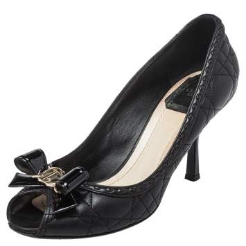 Pre Owned Dior Black Cannage Leather Bow Peep Toe Pumps Size 36.5