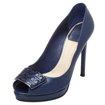 Pre Owned Dior Blue Leather Metal Bow Peep Toe Pumps Size 37